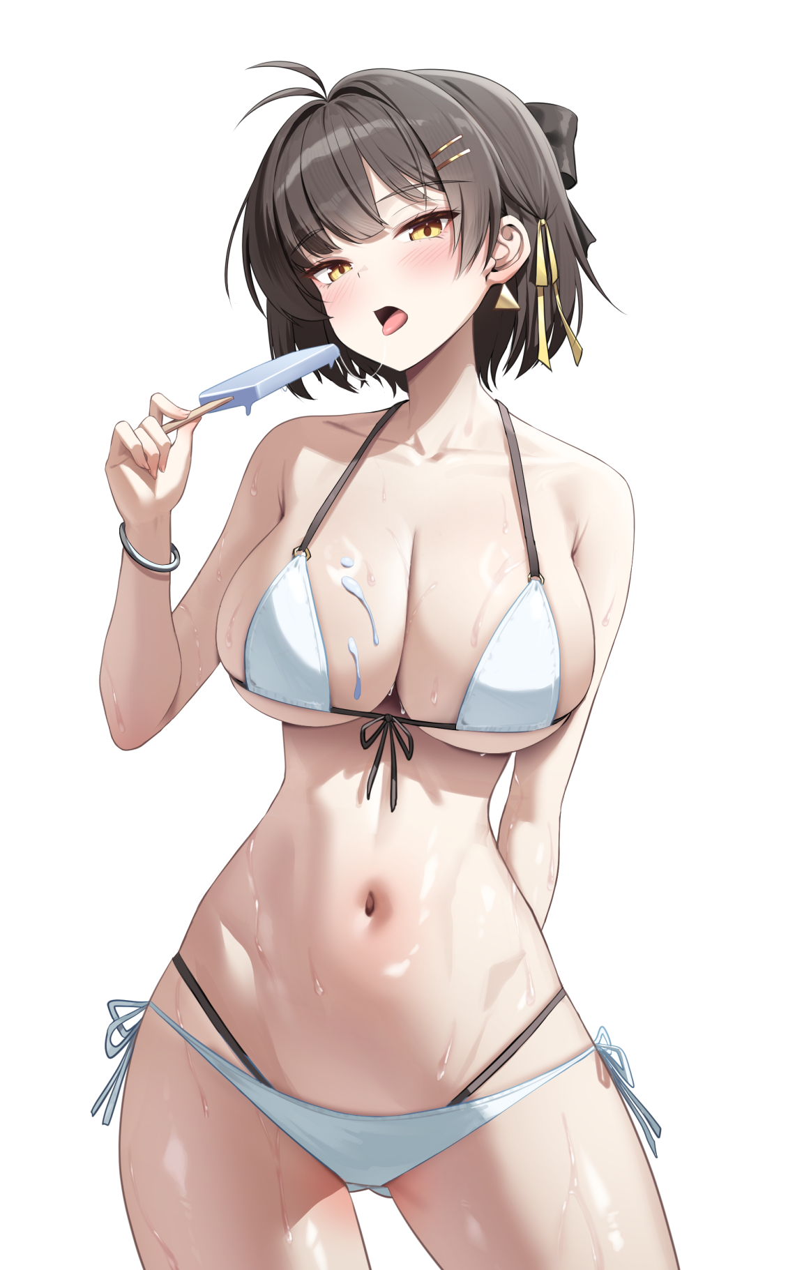 veca, female rover (wuthering waves), rover (wuthering waves), wuthering waves, commentary request, highres, 1girl, alternate costume, antenna hair, bare shoulders, bikini, black bow, blush, bow, breasts, cleavage, cowboy shot, fingernails, food, front-tie bikini top, front-tie top, hair bow, hair ornament, hair ribbon, hairclip, halterneck, holding, holding food, holding popsicle, large breasts, looking at viewer, navel, open mouth, parallel hairclips, popsicle, ribbon, saliva, saliva trail, side-tie bikini bottom, simple background, solo, stomach, string bikini, swimsuit, thighs, tongue, tongue out, wet, white background, white bikini, yellow eyes, yellow ribbon