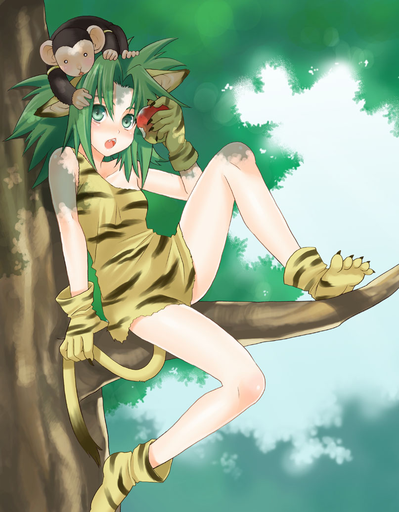 mattaku mousuke, cham cham, paku paku, samurai spirits, snk, bad id, bad pixiv id, 1girl, animal ears, animal hands, animal print, apple, blue eyes, fang, food, fruit, gloves, green eyes, green hair, holding, holding food, holding fruit, in tree, monkey, paw gloves, paw shoes, shoes, sitting, sitting in tree, tail, tiger print, tree