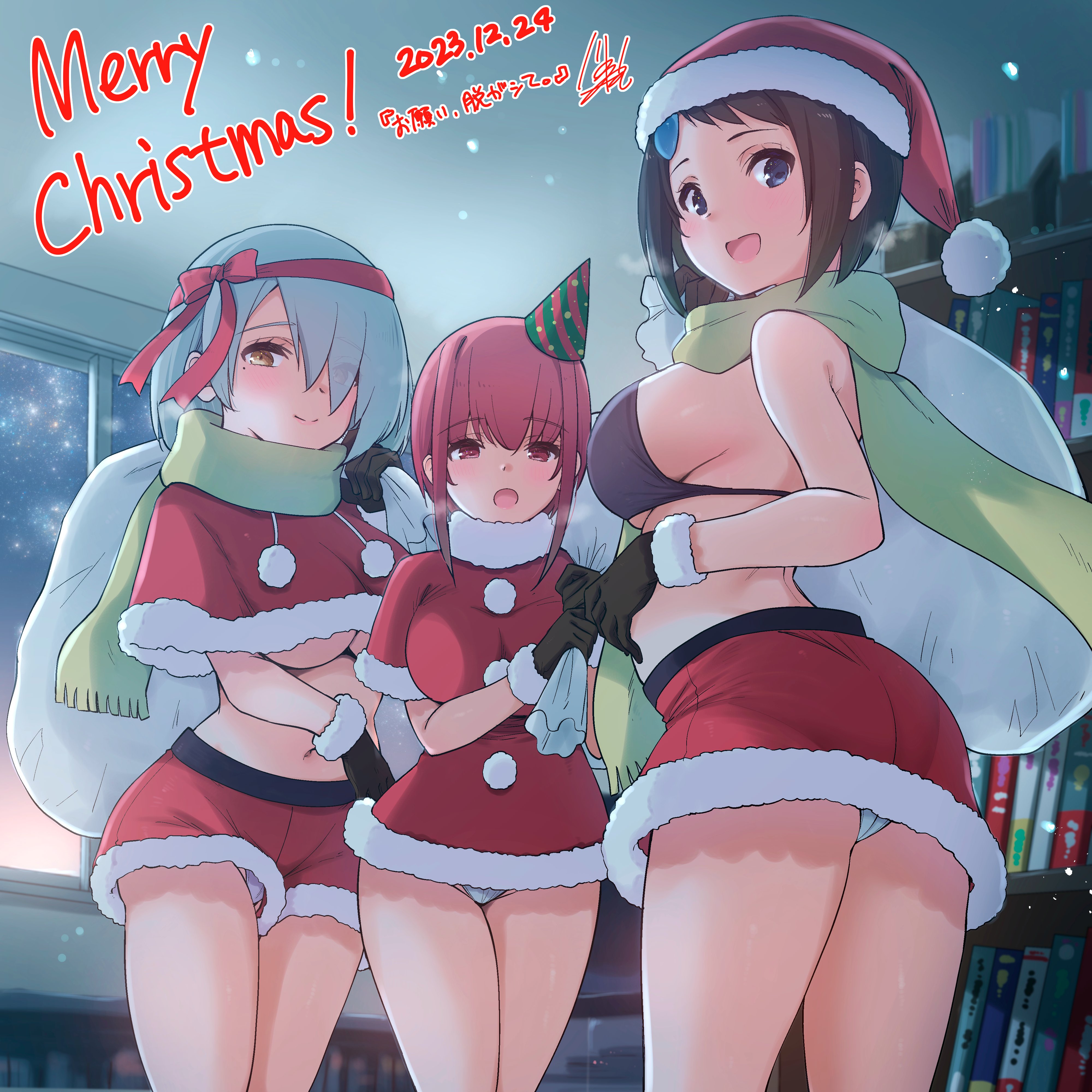 original, absurdres, commentary request, highres, translation request, 3girls, :o, bag, black bra, black eyes, black gloves, bookshelf, bow, bra, breasts, brown eyes, capelet, christmas, closed mouth, cowboy shot, dated, english text, eyes visible through hair, fur-trimmed capelet, fur-trimmed gloves, fur-trimmed shirt, fur-trimmed shorts, fur-trimmed skirt, fur trim, gloves, green scarf, grey hair, hair bow, hair over one eye, hair ribbon, hand up, hat, holding, holding bag, indoors, large breasts, long bangs, looking at viewer, merry christmas, miniskirt, mole, mole under eye, multiple girls, navel, night, no pants, no shirt, open mouth, panties, pantyshot, parted bangs, party hat, pom pom (clothes), red bow, red capelet, red eyes, red hair, red ribbon, red shirt, red shorts, red skirt, ribbon, sadistichime, santa costume, scarf, shirt, short hair, short shorts, shorts, sidelocks, skirt, smile, split mouth, standing, striped hat, underboob, underwear, white panties