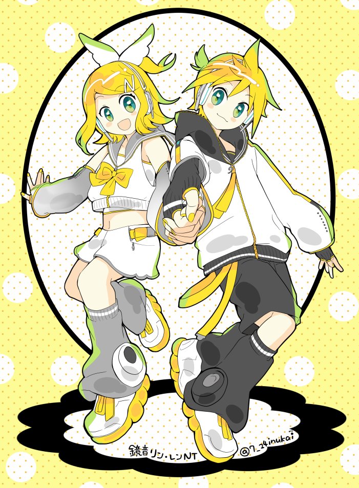 7:24, kagamine len, kagamine rin, piapro studio, vocaloid, 1boy, 1girl, aqua eyes, black sailor collar, black shorts, blonde hair, blush stickers, bow, crop top, detached sleeves, full body, grey sailor collar, grey shorts, grey sleeves, hair bow, hair ornament, hairclip, headphones, hood, hoodie, jacket, kagamine len (nt), kagamine rin (nt), leg warmers, looking at viewer, neckerchief, necktie, ponytail, sailor collar, shirt, short hair, short ponytail, shorts, simple background, sleeveless, sleeveless shirt, smile, spiked hair, standing, swept bangs, white background, white bow, white shirt, white shorts, yellow neckerchief, yellow necktie