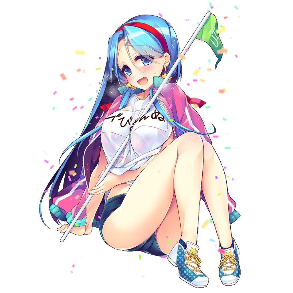 giuniu, vivienne (uchi no hime-sama ga ichiban kawaii), uchi no hime-sama ga ichiban kawaii, 1girl, bike shorts, blue eyes, blue hair, breasts, flag, gym uniform, hairband, holding, holding flag, large breasts, long hair, red hairband, shoes, sitting, sneakers