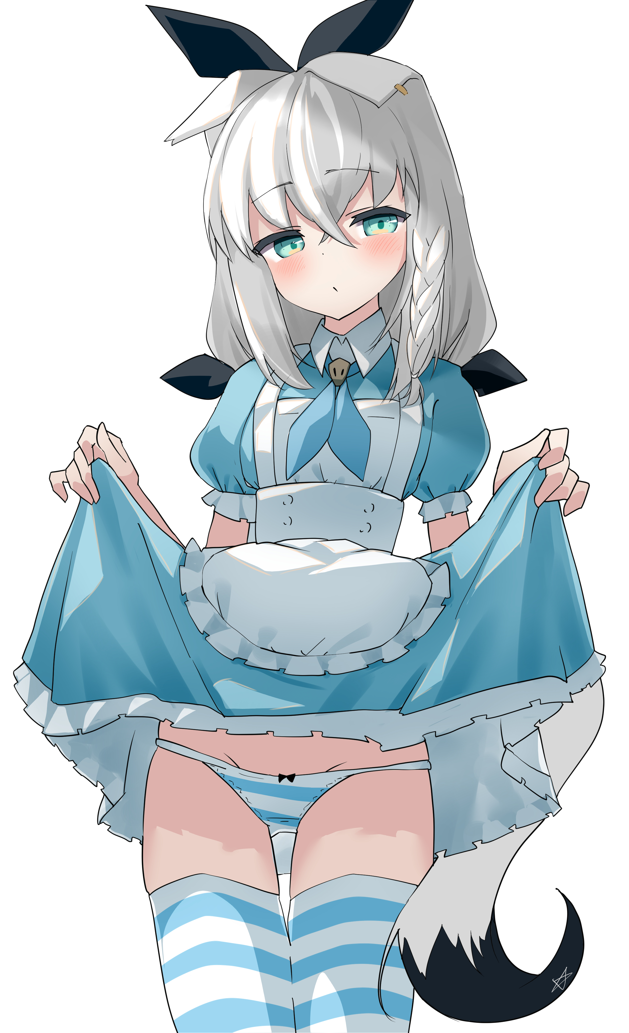 shirayuki (snow link), shirakami fubuki, hololive, absurdres, highres, 1girl, animal ears, bow, braid, clothes lift, dress, dress lift, fox ears, fox girl, fox tail, green eyes, hair bow, looking at viewer, panties, single braid, solo, striped clothes, striped panties, tail, thighhighs, underwear