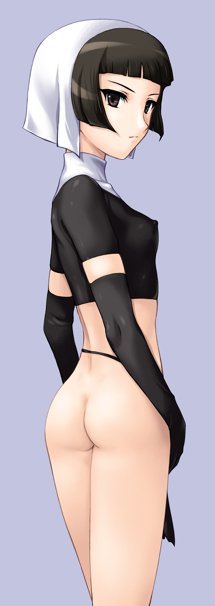 zundarepon, habuka mako, akai ibara, habit, highres, 00s, 1girl, ass, back, black eyes, black hair, bob cut, bottomless, brown eyes, covered erect nipples, elbow gloves, female focus, flat chest, from behind, gloves, looking back, nun, revealing clothes, short hair, solo, turtleneck