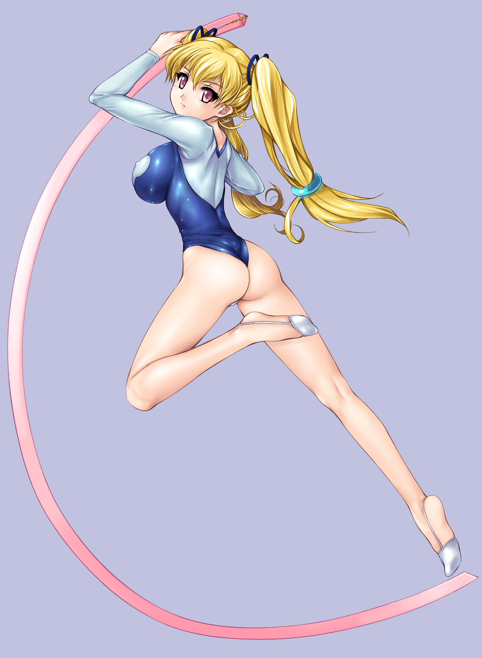 zundarepon, cohagen nanaho, akai ibara, highres, 00s, 1girl, ass, athletic leotard, backboob, bare legs, blonde hair, blush, breasts, covered erect nipples, female focus, from behind, grey background, gymnastics, hair ornament, hair ribbon, half-soles, highleg, impossible clothes, impossible leotard, jumping, kneepits, large breasts, leg up, legs, leotard, long hair, long legs, looking at viewer, looking back, low-tied long hair, no bra, pink eyes, purple background, rhythmic gymnastics, ribbon, ribbon baton, shiny clothes, simple background, skin tight, solo, spandex, thong leotard, twintails