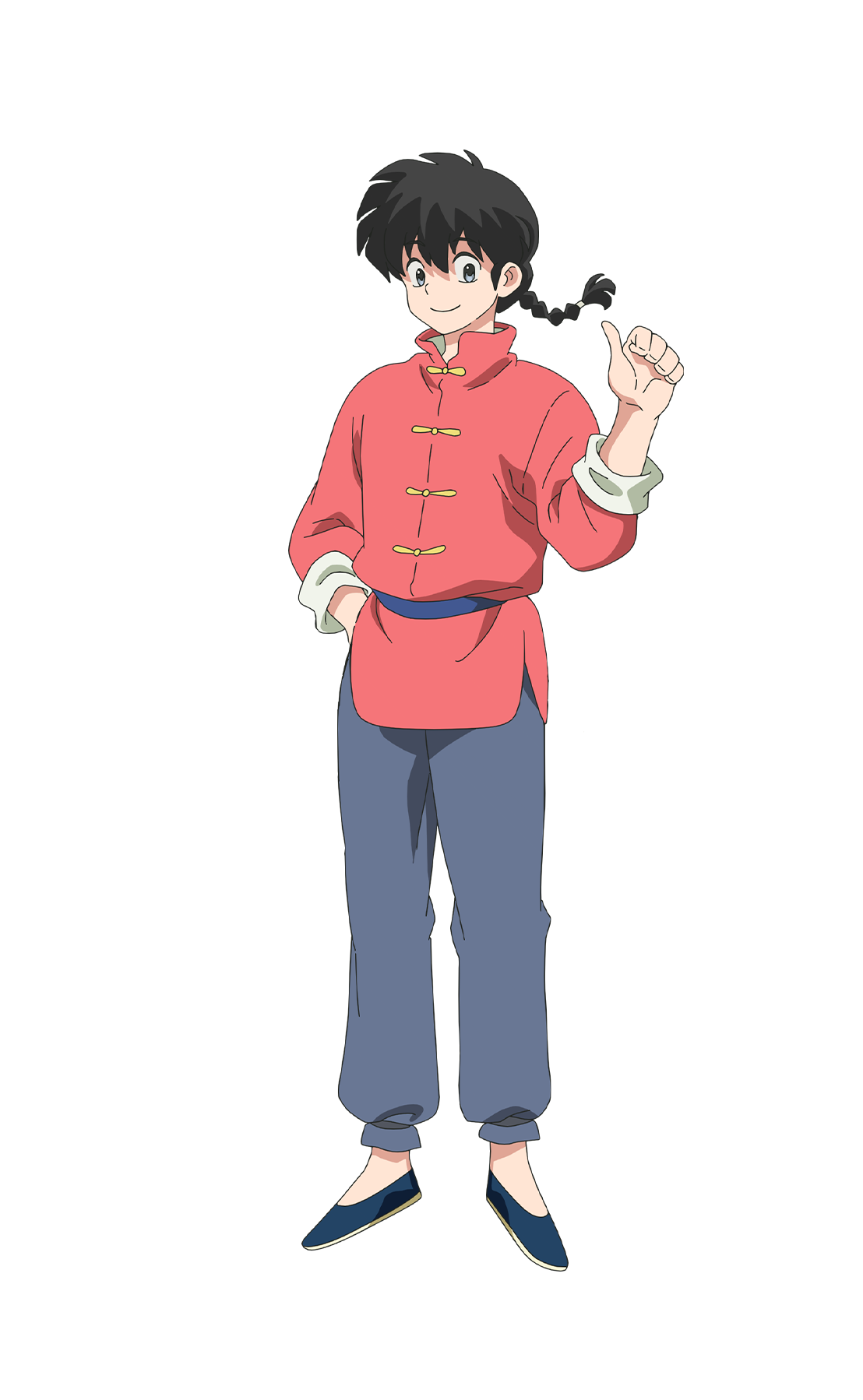 taniguchi hiromi, saotome ranma, ranma 1/2, highres, official art, 1boy, anime coloring, black hair, blue pants, blue sash, blue shoes, braid, braided ponytail, chinese clothes, closed mouth, collared jacket, full body, grey eyes, hair between eyes, hand in pocket, hand up, jacket, long hair, looking at viewer, pants, red jacket, red shirt, sash, shirt, shoes, simple background, single braid, sleeves rolled up, smile, solo, standing, tachi-e, thumbs up, transparent background