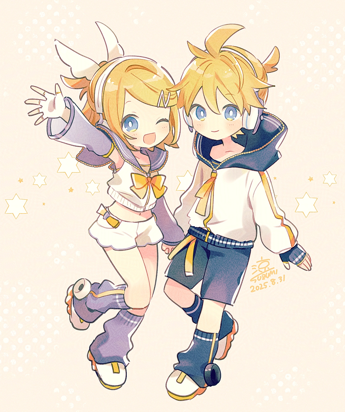 suzumi (fallxalice), kagamine len, kagamine rin, piapro studio, vocaloid, highres, 1boy, 1girl, arm up, belt, black sailor collar, blonde hair, blue eyes, bow, bowtie, crop top, dated, detached sleeves, fingerless gloves, full body, gloves, hair bow, hair ornament, hairclip, headphones, hood, hoodie, jacket, kagamine len (nt), kagamine rin (nt), leg warmers, looking at viewer, midriff, navel, one eye closed, open mouth, ponytail, ribbon, sailor collar, shirt, shoes, short hair, short ponytail, short shorts, shorts, siblings, signature, sleeveless, sleeveless shirt, smile, standing, star (symbol), waving, white bow, white shirt, white shorts, yellow bow, yellow bowtie, yellow ribbon