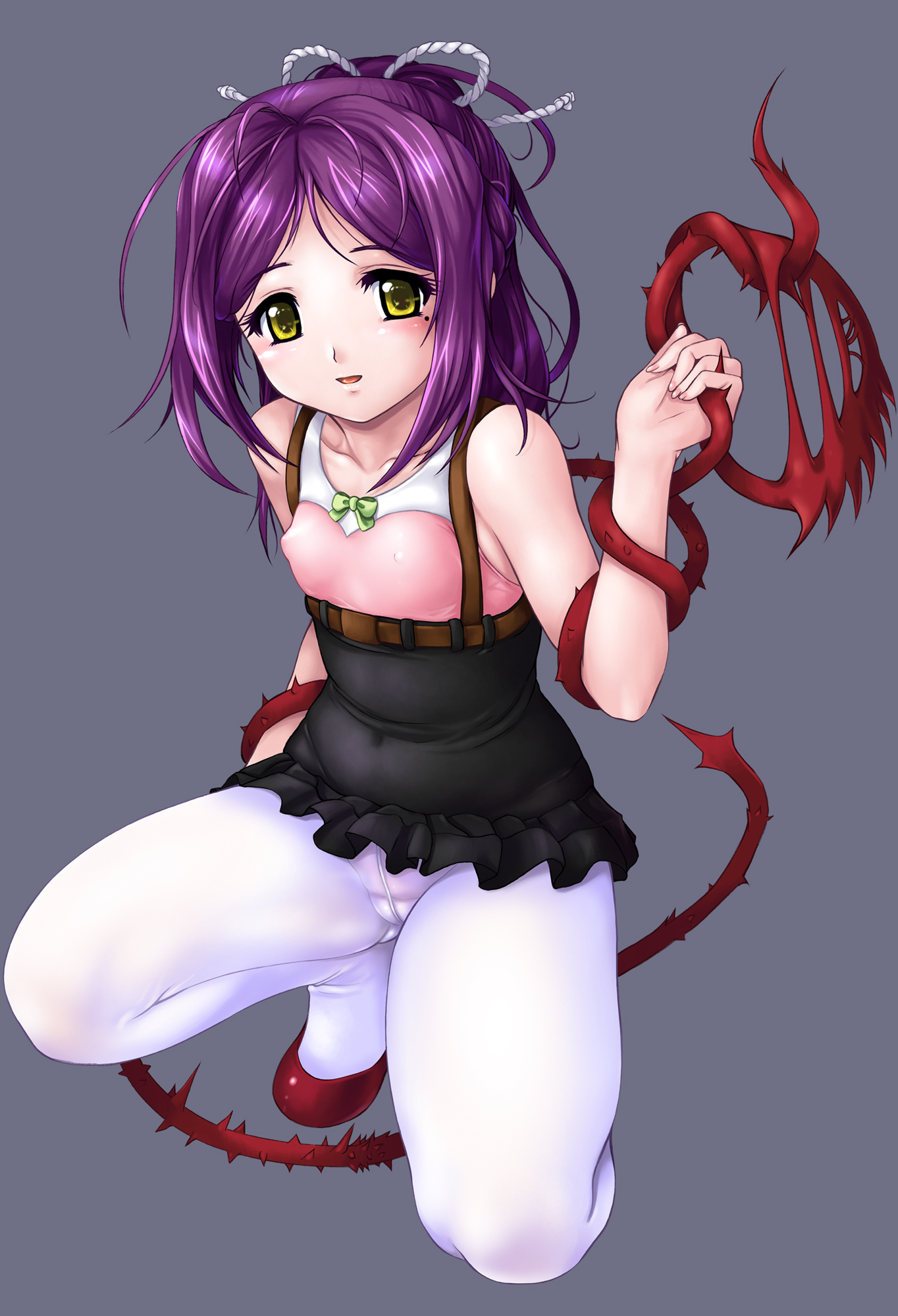 zundarepon, shinazu fujimi, akai ibara, highres, 00s, 1girl, blush, brown eyes, cameltoe, covered erect nipples, crotch seam, dress, female focus, flat chest, frills, green eyes, kneeling, mole, mole under eye, nail polish, panties, panties under pantyhose, pantyhose, pantyshot, plant, ponytail, purple hair, rope, short hair, skin tight, smile, solo, squatting, underwear, upskirt, vines, white pantyhose, yellow eyes