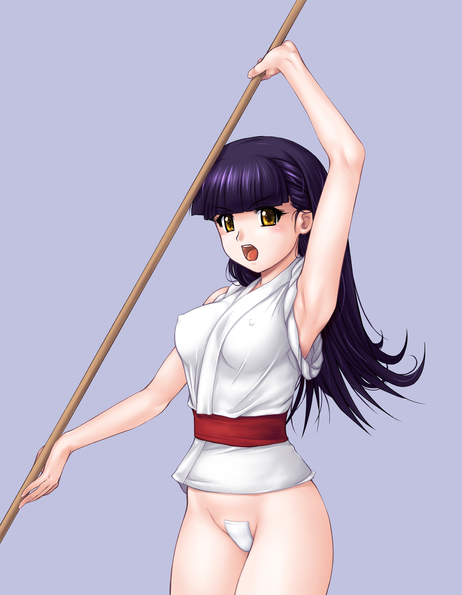 zundarepon, shinazu towano, akai ibara, highres, 00s, 1girl, arm up, armpits, belt, blue hair, blush, bottomless, breasts, brown eyes, covered erect nipples, female focus, japanese clothes, large breasts, long hair, maebari, open mouth, purple hair, simple background, solo, staff, weapon, yellow eyes