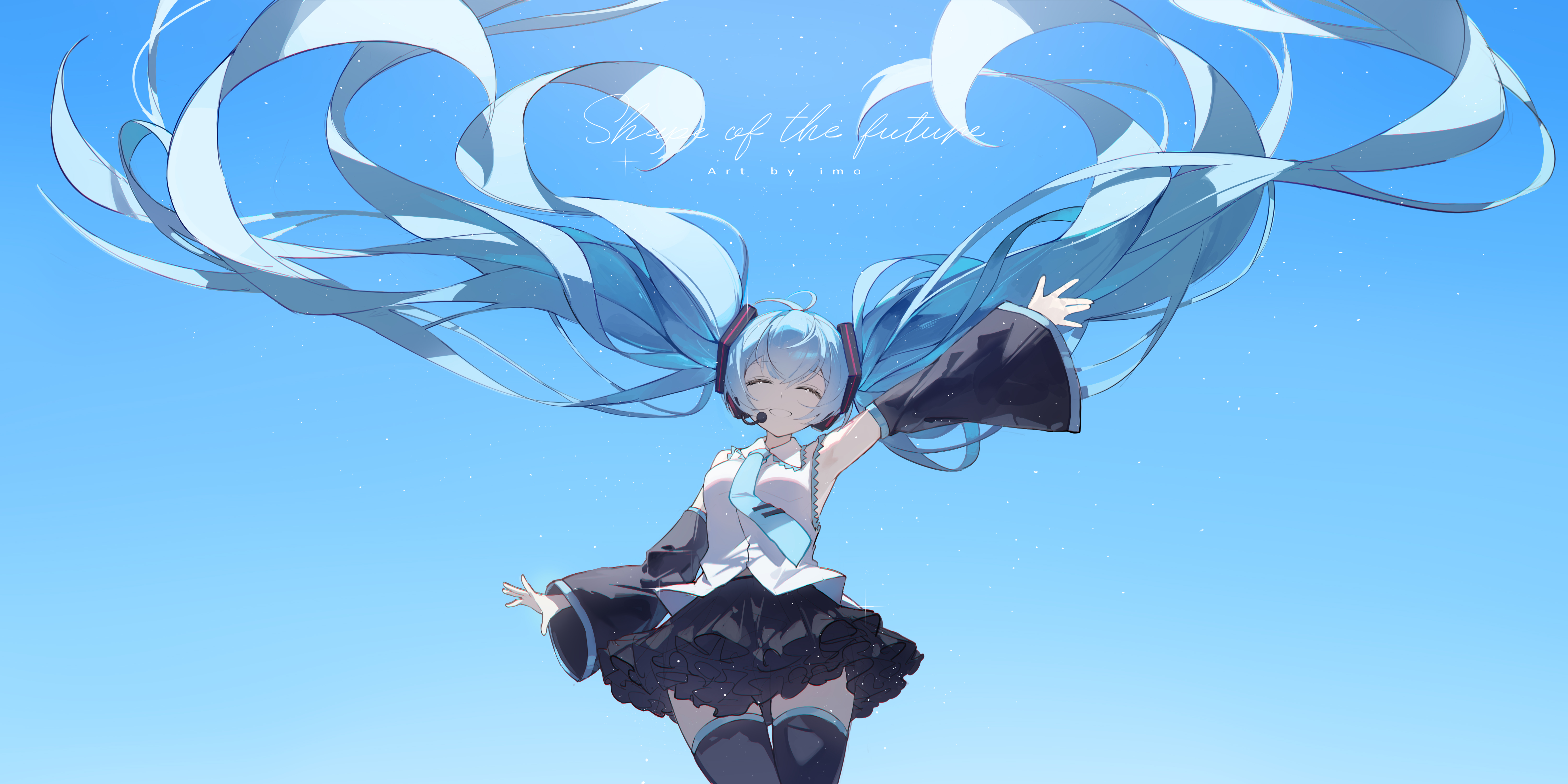 riai kurumi, hatsune miku, vocaloid, absurdres, commentary request, highres, 1girl, ^ ^, arm up, bare shoulders, black skirt, black sleeves, black thighhighs, blue background, blue eyes, blue hair, blue necktie, blue sky, clear sky, closed eyes, collared shirt, cowboy shot, day, detached sleeves, facing viewer, grin, long hair, long sleeves, miniskirt, necktie, number tattoo, outdoors, outstretched arm, pleated skirt, shirt, shoulder tattoo, skirt, sky, sleeveless, sleeveless shirt, smile, solo, tattoo, thighhighs, twintails, white shirt