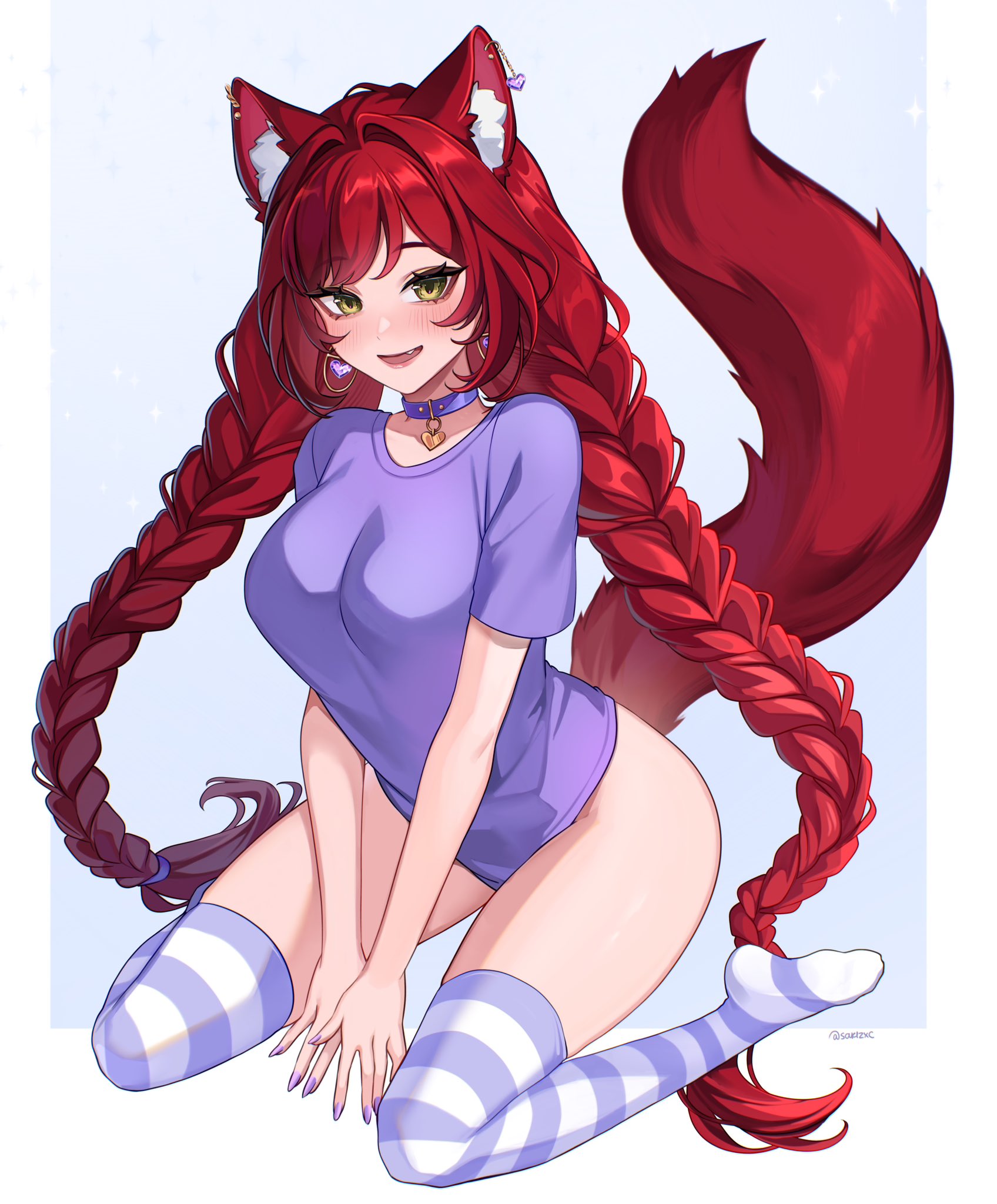 sakichka, elle (vtuber), indie virtual youtuber, highres, 1girl, animal ear fluff, animal ears, braid, breasts, collar, earrings, fang, heart, heart earrings, hoop earrings, jewelry, lips, long hair, purple collar, purple nails, purple shirt, purple thighhighs, shirt, solo, striped clothes, striped thighhighs, tail, thighhighs, twin braids, twitter username, virtual youtuber, white thighhighs