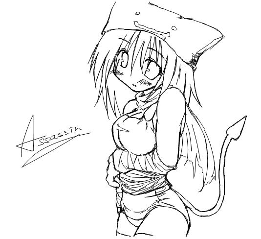 kaminagi (kaminagi-tei), assassin (ragnarok online), ragnarok online, assassin, deviruchi hat, greyscale, hat, monochrome, solo, tail, thighhighs