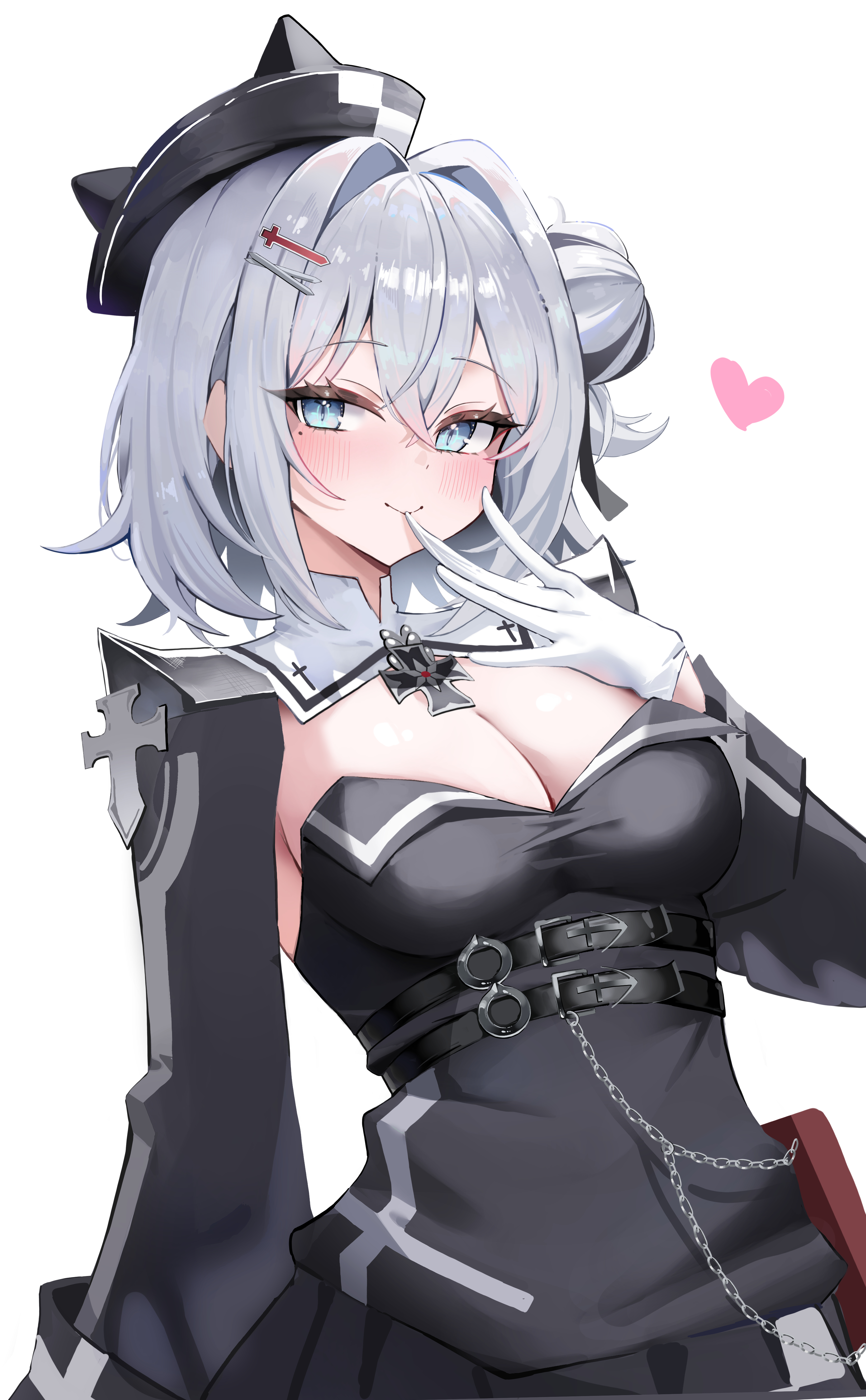sisong, jade (azur lane), azur lane, absurdres, highres, 1girl, black hair, black hat, black shirt, black skirt, black streaks, blush, breasts, cleavage, closed mouth, cross, detached collar, detached sleeves, gloves, grey hair, hair between eyes, hair bun, hair intakes, hat, iron cross, large breasts, looking at viewer, shirt, simple background, single hair bun, single side bun, skirt, smile, solo, strapless, strapless shirt, tilted headwear, upper body, white background, white gloves
