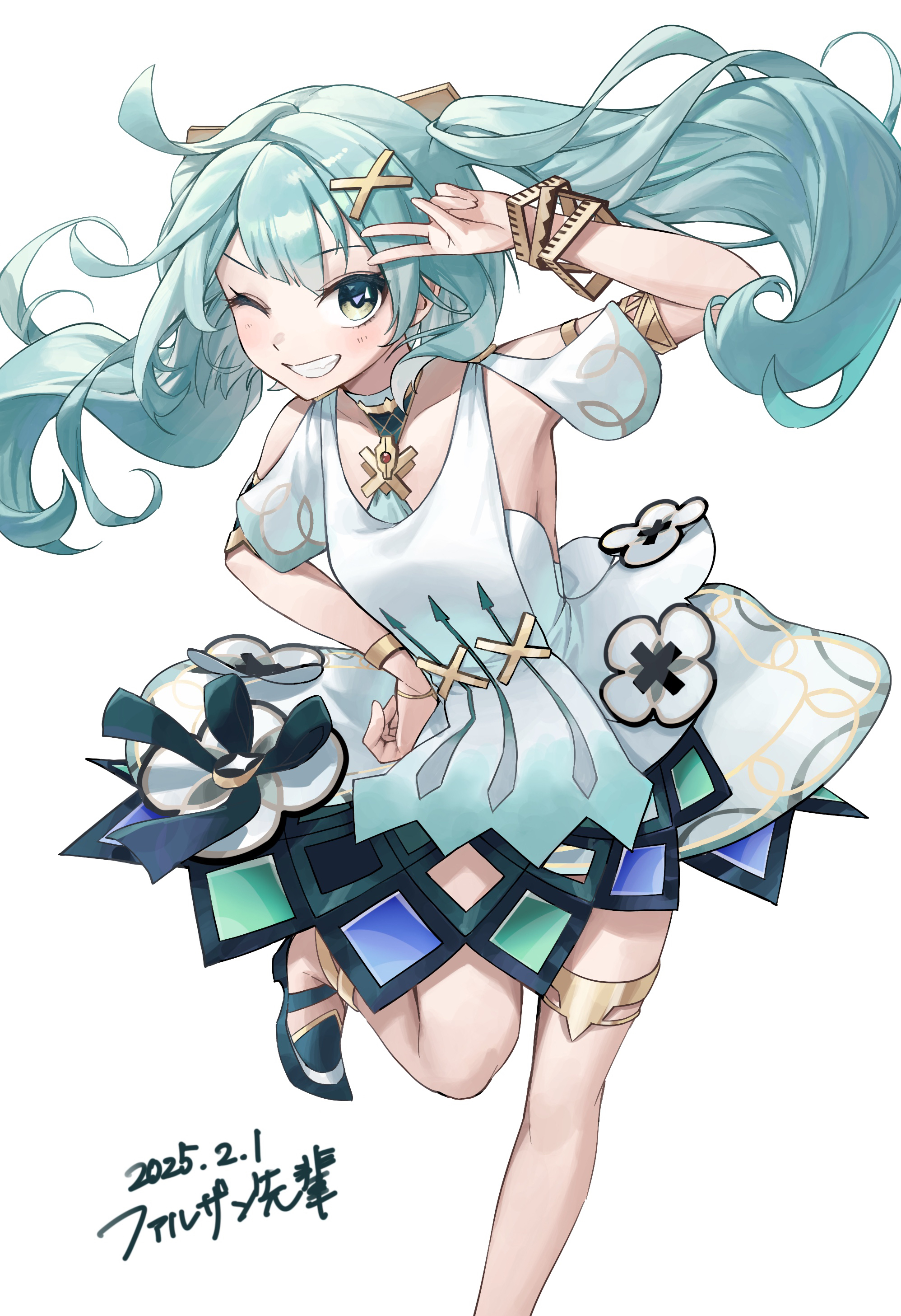 coppepan, faruzan (genshin impact), genshin impact, absurdres, commentary request, highres, 1girl, bare shoulders, black shoes, blue hair, blush, bracelet, character name, collarbone, dated, dress, foot out of frame, grin, hair ornament, hand up, jewelry, long hair, looking at viewer, one eye closed, shoes, short sleeves, simple background, smile, solo, standing, standing on one leg, symbol-shaped pupils, triangle-shaped pupils, twintails, v, white background, white dress, x hair ornament, yellow eyes