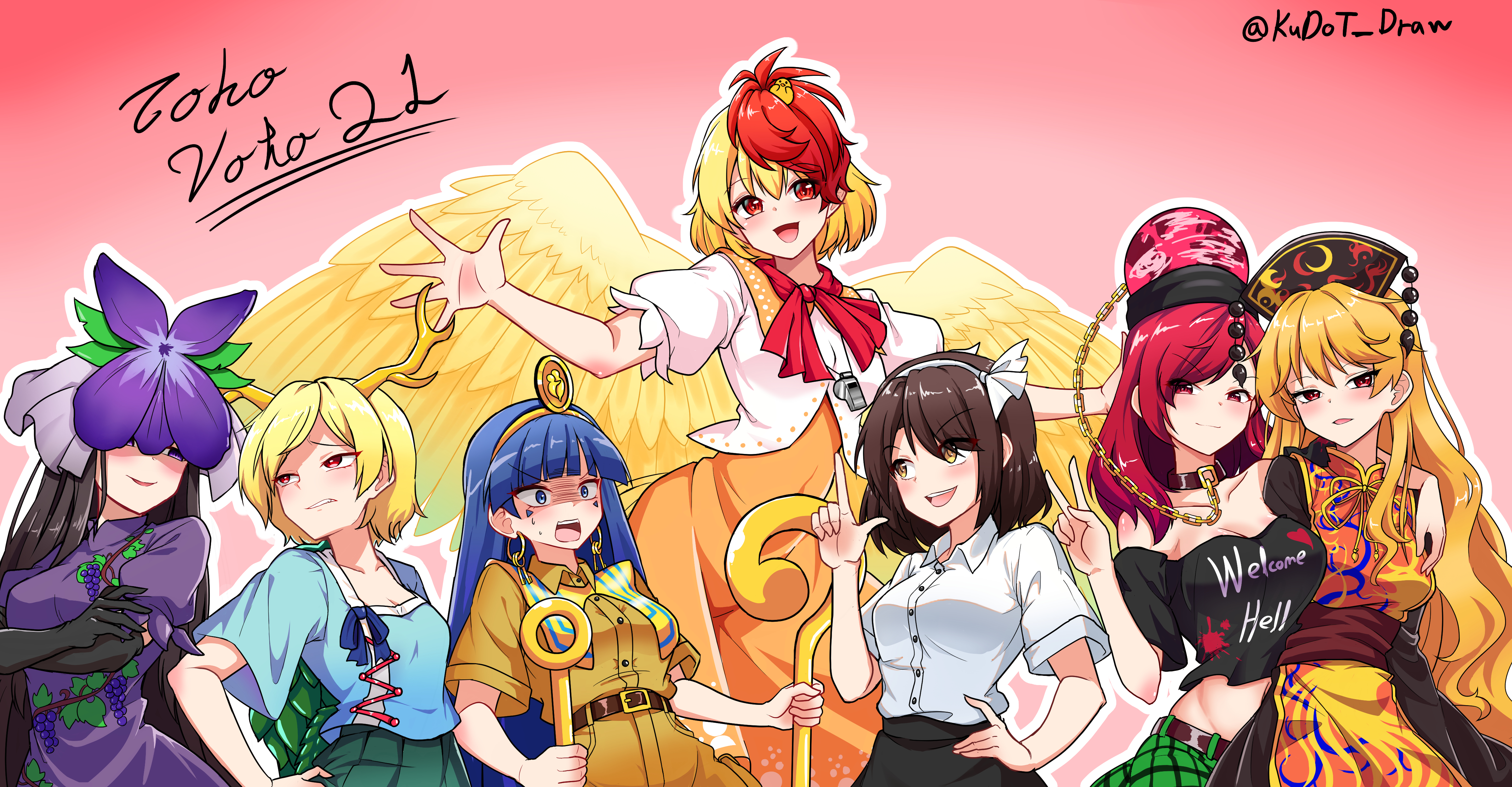 ldschem16, hecatia lapislazuli, junko (touhou), kicchou yachie, michigami nareko, niwatari kutaka, usami renko, yomotsu hisami, touhou, absurdres, highres, 6+girls, black gloves, black hair, blonde hair, blue eyes, blue hair, blunt bangs, breasts, brown hair, dragon girl, dragon horns, dress, earrings, elbow gloves, feathered wings, gloves, green skirt, holding, holding polearm, holding weapon, horns, jewelry, key earrings, multicolored hair, multiple girls, polearm, purple dress, purple eyes, red eyes, red hair, shirt, short hair, skirt, smile, turtle shell, two-tone hair, weapon, white shirt, wings