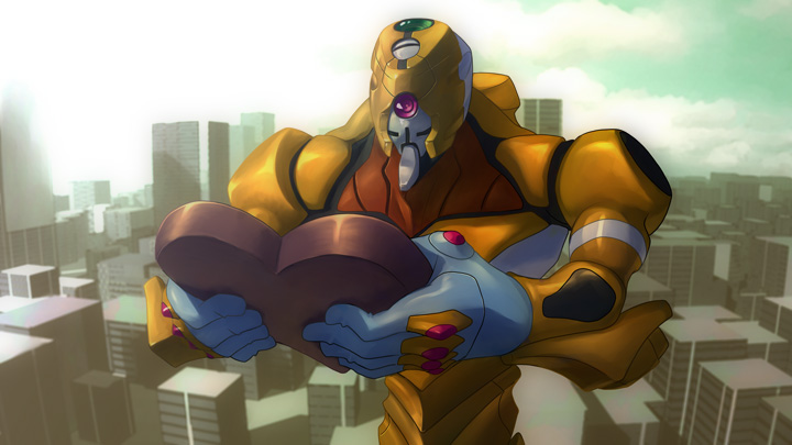 rokusho, eva 00, neon genesis evangelion, bad id, candy, chocolate, chocolate heart, city, cloud, day, food, giving, heart, mecha, no humans, outdoors, robot, sky, solo, valentine