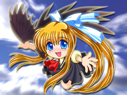 ryukishi07, kamio misuzu, sora (air), air (visual novel), 00s, 1girl, bird, blonde hair, blue eyes, bow, chibi, cloud, cross, day, female focus, hair bow, hair ribbon, long hair, no nose, open mouth, ponytail, reaching, ribbon, school uniform, sky, solo, very long hair