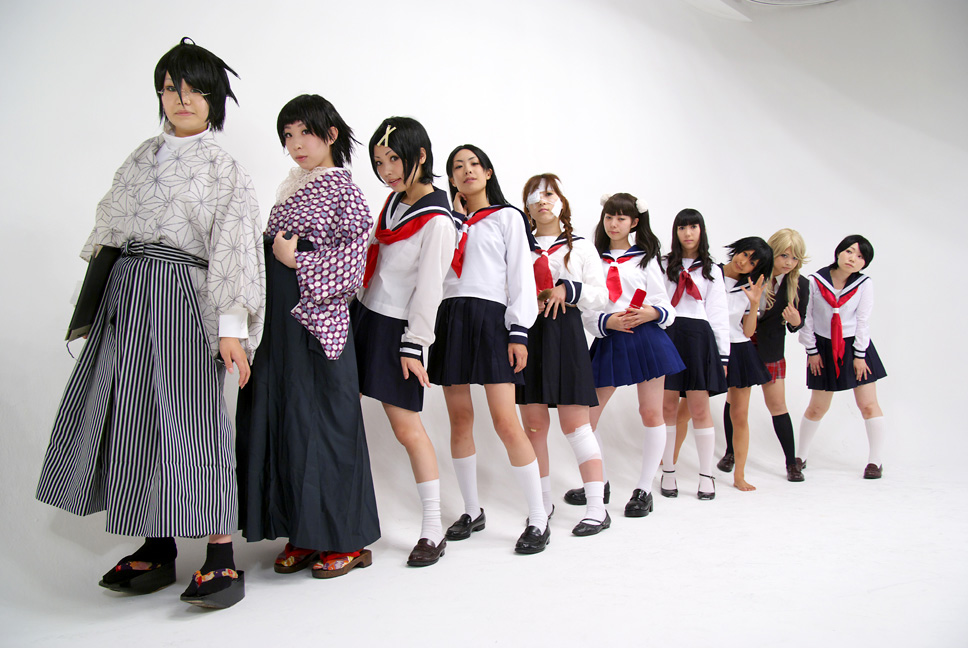 fuura kafuka, hitou nami, itoshiki nozomu, itoshiki rin, kimura kaere, kitsu chiri, kobushi abiru, otonashi meru, sekiutsu maria tarou, tsunetsuki matoi, sayonara zetsubou sensei, cosplay photo, non-web source, photo (medium), 6+girls, asian, bandages, blonde hair, cosplay, everyone, kneehighs, multiple girls, school uniform, serafuku, socks, twintails