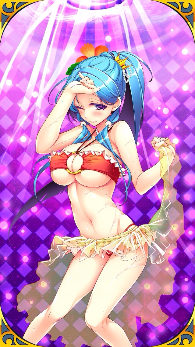 giuniu, vivienne (uchi no hime-sama ga ichiban kawaii), uchi no hime-sama ga ichiban kawaii, 1girl, bikini, blue eyes, blue hair, breasts, flower, hair flower, hair ornament, holding sarong, large breasts, long hair, navel, o-ring, o-ring bikini, one eye closed, ponytail, red bikini, sarong, see-through clothes, see-through sarong, swimsuit