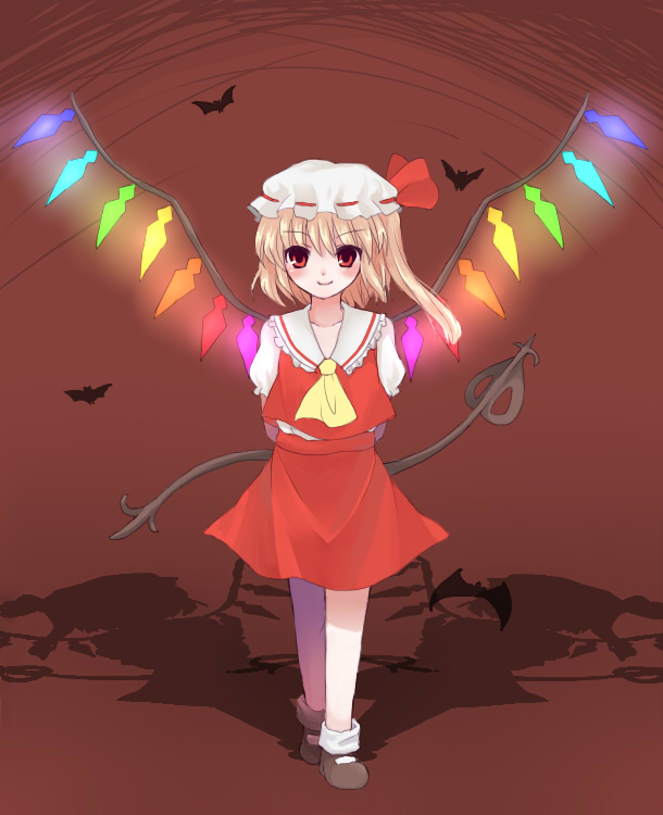 sakaki chihiro, flandre scarlet, touhou, bad id, bad pixiv id, 1girl, bat (animal), blonde hair, brown background, collared shirt, female focus, hat, laevatein, mary janes, mob cap, rainbow order, red eyes, shadow, shirt, shoes, socks, solo, white hat, wings