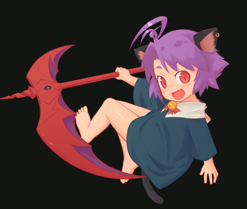 mizuki kotora, mao (mizuki kotora), original, 1girl, ahoge, animal ears, barefoot, bell, earrings, fang, female focus, jewelry, red eyes, scythe, solo, tail