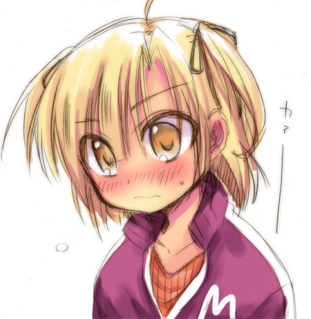 marui mitsuba, mitsudomoe (manga), lowres, 1girl, blonde hair, blush, cardigan, female focus, short hair, sketch, solo