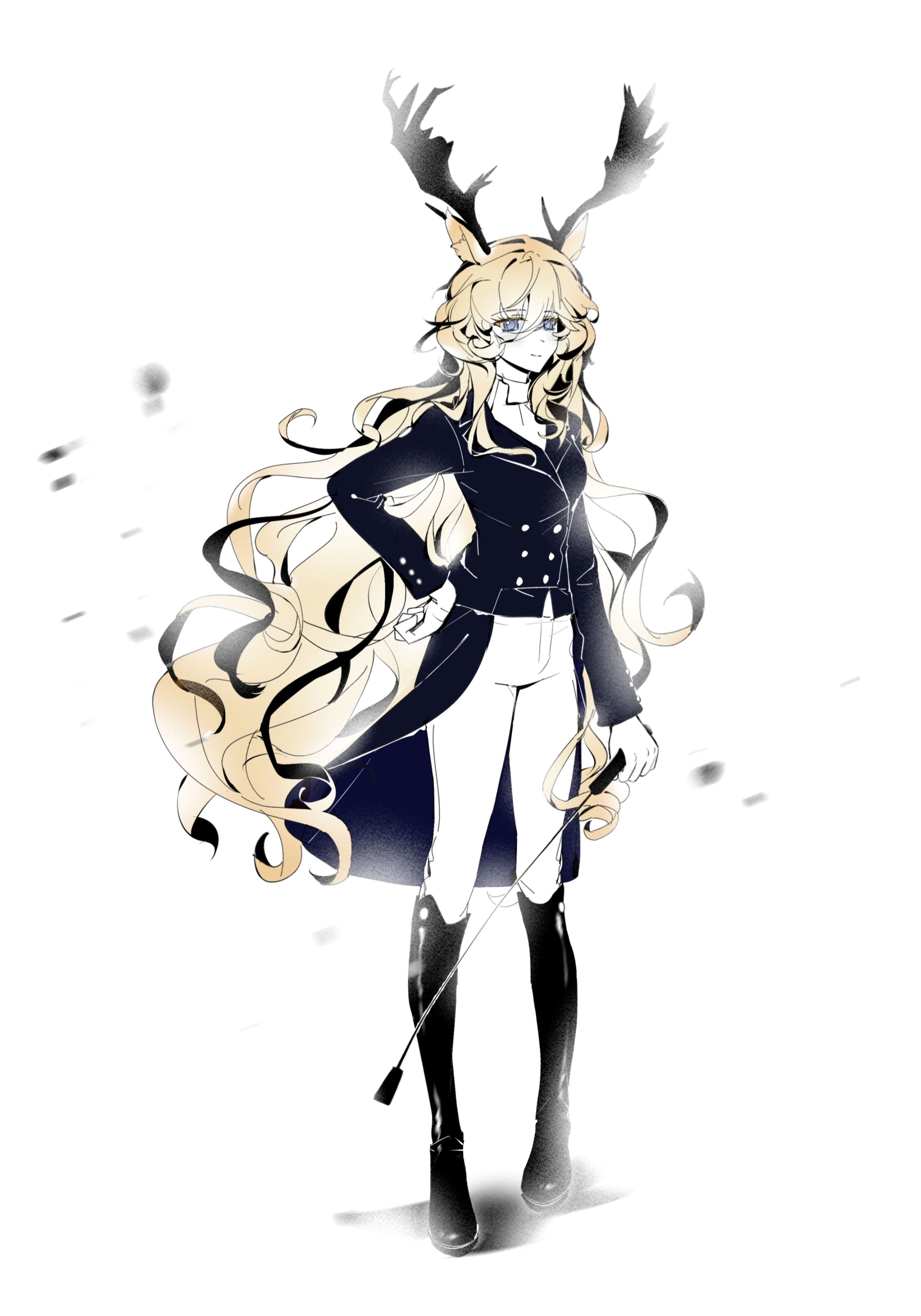 viviana (arknights), arknights, absurdres, chinese commentary, commentary request, highres, 1girl, animal ears, antlers, black boots, black coat, blonde hair, boots, closed mouth, coat, colored skin, full body, hair between eyes, hand on own hip, holding, horns, knee boots, light smile, lightwithin1223, long bangs, long hair, long sleeves, looking at viewer, pants, purple eyes, simple background, solo, standing, tailcoat, very long hair, white background, white pants, white skin