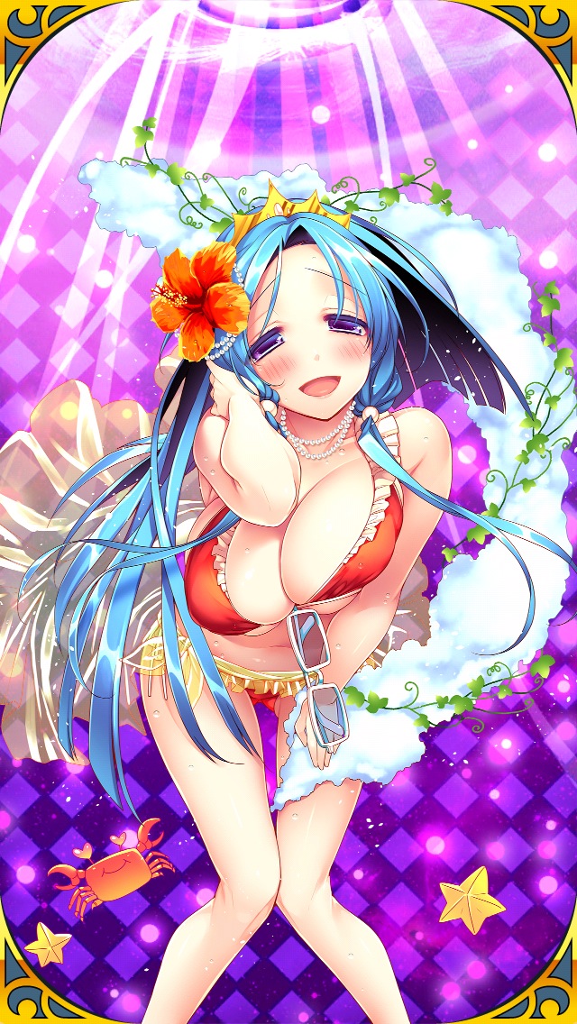 giuniu, vivienne (uchi no hime-sama ga ichiban kawaii), uchi no hime-sama ga ichiban kawaii, 1girl, bikini, blue eyes, blue hair, breasts, crab, flower, gold tiara, hair flip, hair flower, hair ornament, large breasts, long hair, red bikini, sarong, see-through clothes, see-through sarong, star (symbol), sunglasses, swimsuit