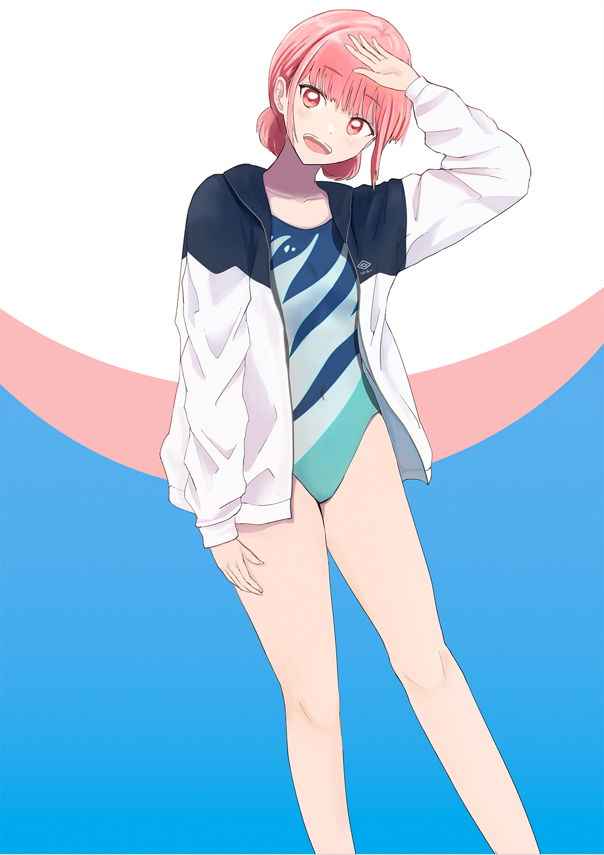 michikusaboushi (p o q), chouno hina, ao no hako, highres, 1girl, arm up, athletic leotard, breasts, collarbone, jacket, leotard, long sleeves, looking at viewer, medium hair, open clothes, open jacket, open mouth, pink hair, red eyes, simple background, small breasts, smile, solo, thighs, track jacket