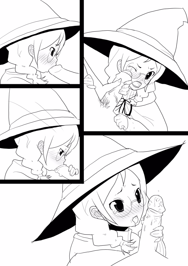 itou life, black mage (final fantasy), final fantasy, 1girl, blush, fellatio, glasses, greyscale, hat, monochrome, oral, penis, solo focus, uncensored, witch hat