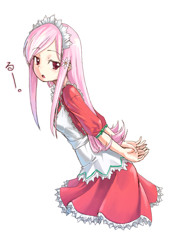 homura subaru, lucy maria misora, to heart (series), to heart 2, 00s, 1girl, arms behind back, female focus, flower, hair flower, hair ornament, headdress, jitome, leaning forward, long hair, maid, open mouth, pink eyes, pink hair, sidelocks, solo, waitress