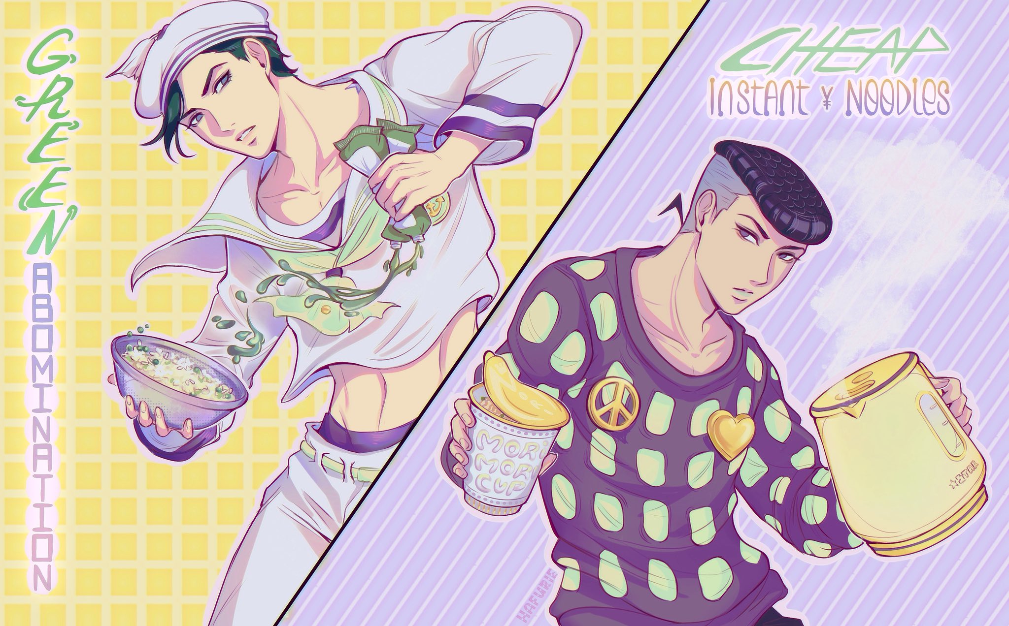 kira yoshikage (jojolion), jojo no kimyou na bouken, jojolion, commentary, english commentary, highres, 2boys, belt, blue eyes, bowl, brooch, checkered clothes, checkered shirt, cup ramen, earrings, electric kettle, english text, food, green belt, green hair, green neckerchief, green shirt, grey hair, grey hat, grey pants, grey sailor collar, grey shirt, hafurie, hat, heart, heart brooch, holding, jar, jewelry, kettle, kujo josefumi, long sleeves, male focus, midriff, multiple boys, neckerchief, noodles, pants, peace symbol, pompadour, purple eyes, purple hair, purple shirt, sailor, sailor collar, sailor hat, shirt, steam, undercut