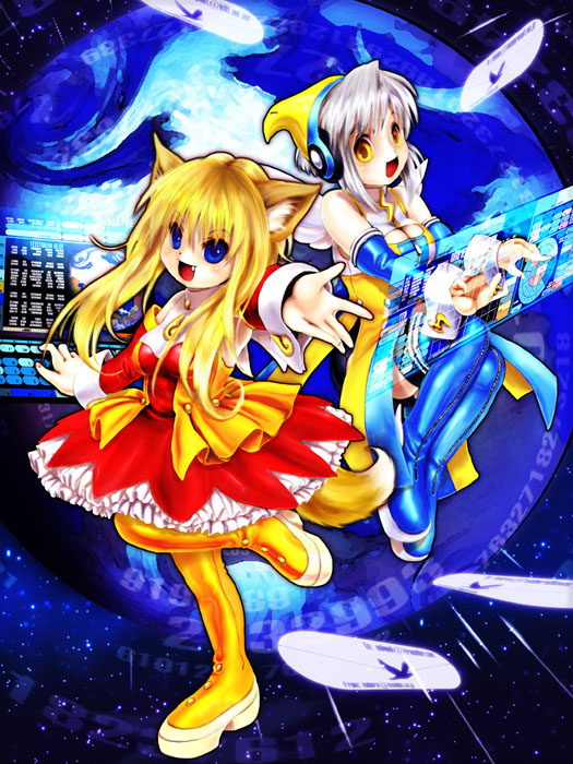 tashiro yuu, mozilla firefox, mozilla thunderbird, os-tan, silver hair, 2girls, animal ears, blonde hair, blue boots, blue eyes, boots, fang, lcars, long hair, multiple girls, orange boots, short hair, tail, wings, yellow eyes
