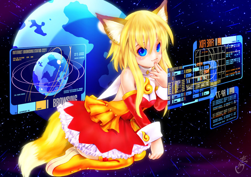 tashiro yuu, mozilla firefox, os-tan, star trek, 1girl, animal ears, blonde hair, blue eyes, boots, female focus, lcars, orange boots, personification, solo, tail