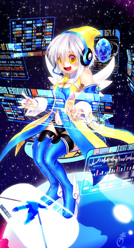 tashiro yuu, mozilla thunderbird, os-tan, silver hair, boots, headphones, solo, wings, yellow eyes