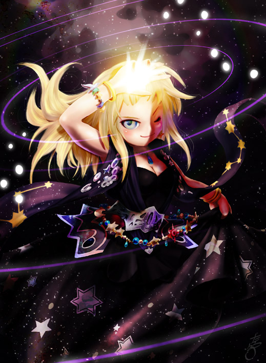 tashiro yuu, tagme, blonde hair, blue eyes, galaxy, one eye closed, solo, star (sky), wink