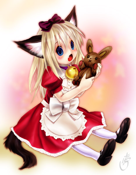 tashiro yuu, 1girl, animal ears, bell, blonde hair, blue eyes, fang, female focus, hair ribbon, long hair, maid, pantyhose, ribbon, solo, stuffed animal, stuffed rabbit, stuffed toy, tail, white pantyhose