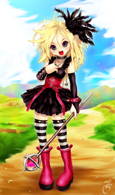 tashiro yuu, setia, dragon quest, dragon quest swords, 1girl, blonde hair, corset, feather hair ornament, feathers, female focus, goth fashion, gothic lolita, hair ornament, jewelry, lolita fashion, nail polish, ring, solo, staff, striped clothes, striped thighhighs, thighhighs, zettai ryouiki