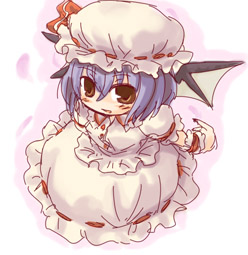 7010, remilia scarlet, touhou, lowres, 1girl, bat wings, blue hair, chibi, female focus, full body, hat, short hair, skirt, solo, white background, wings, yellow eyes