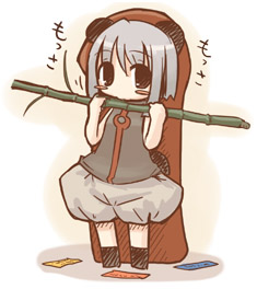 7010, silver hair, lowres, animal ears, bamboo, black eyes, chibi, solo