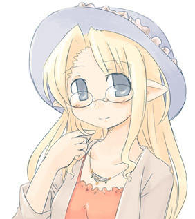 7010, lowres, blonde hair, blue eyes, glasses, hat, long hair, pointy ears, solo
