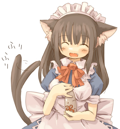 7010, lowres, animal ears, blush, brown hair, closed eyes, fang, maid, solo, tail