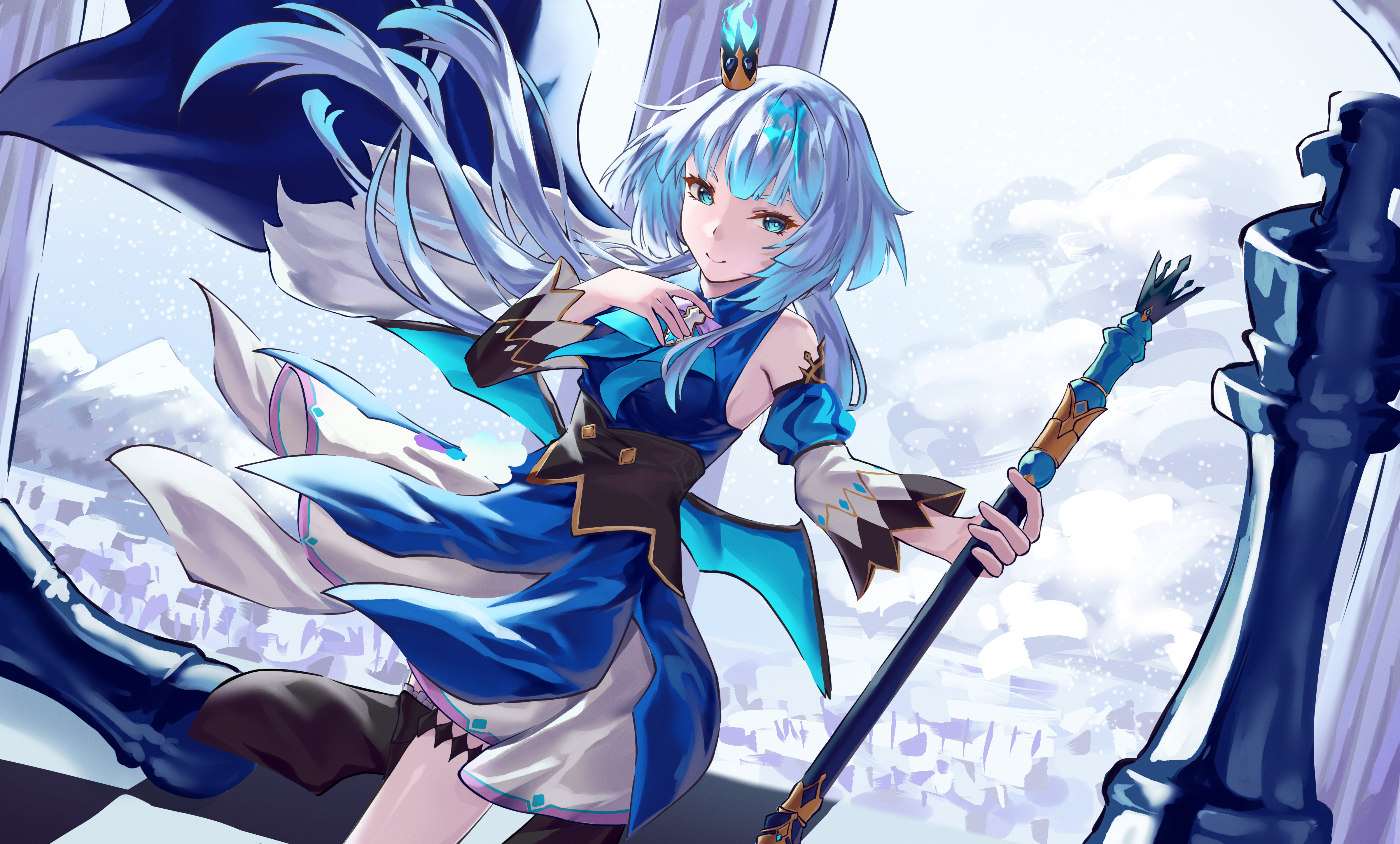tapume, cerydra (honkai: star rail), honkai: star rail, honkai (series), absurdres, highres, 1girl, blue dress, blue hair, breasts, crown, detached sleeves, dress, hand on own chest, holding, holding wand, long hair, long sleeves, looking at viewer, medium breasts, mini crown, multicolored hair, open mouth, sleeveless, sleeveless dress, smile, solo, very long hair, wand, white hair, wings