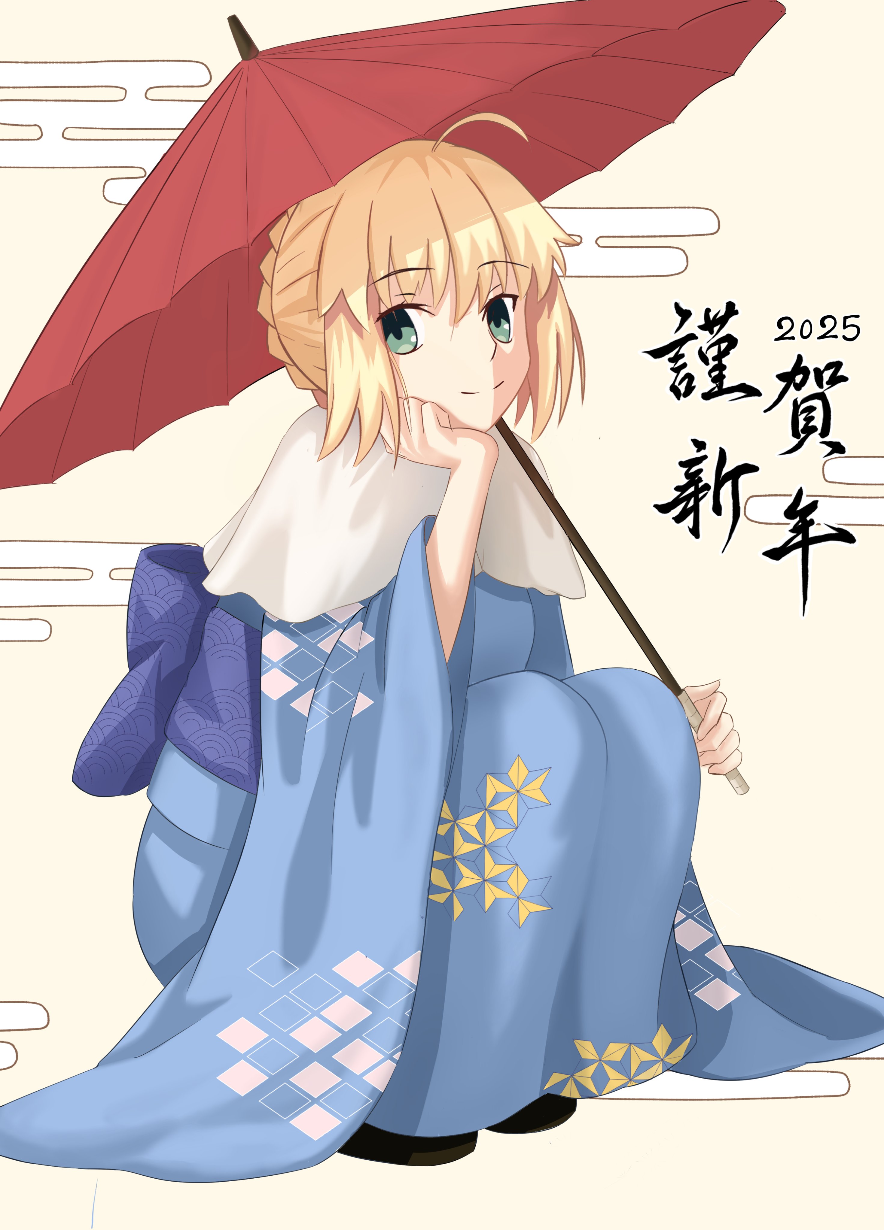 andychen662000, artoria pendragon (fate), saber (fate), fate (series), absurdres, highres, 1girl, 2025, ahoge, arm rest, black shoes, blonde hair, blue bow, bow, bun with braided base, egasumi, green eyes, hair bun, holding, holding umbrella, japanese clothes, parasol, shoes, sidelocks, solo, squatting, umbrella