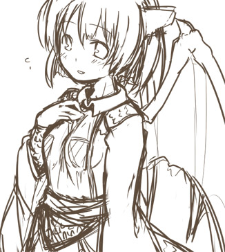 7010, lowres, greyscale, horns, monochrome, short hair, sketch, solo, wings