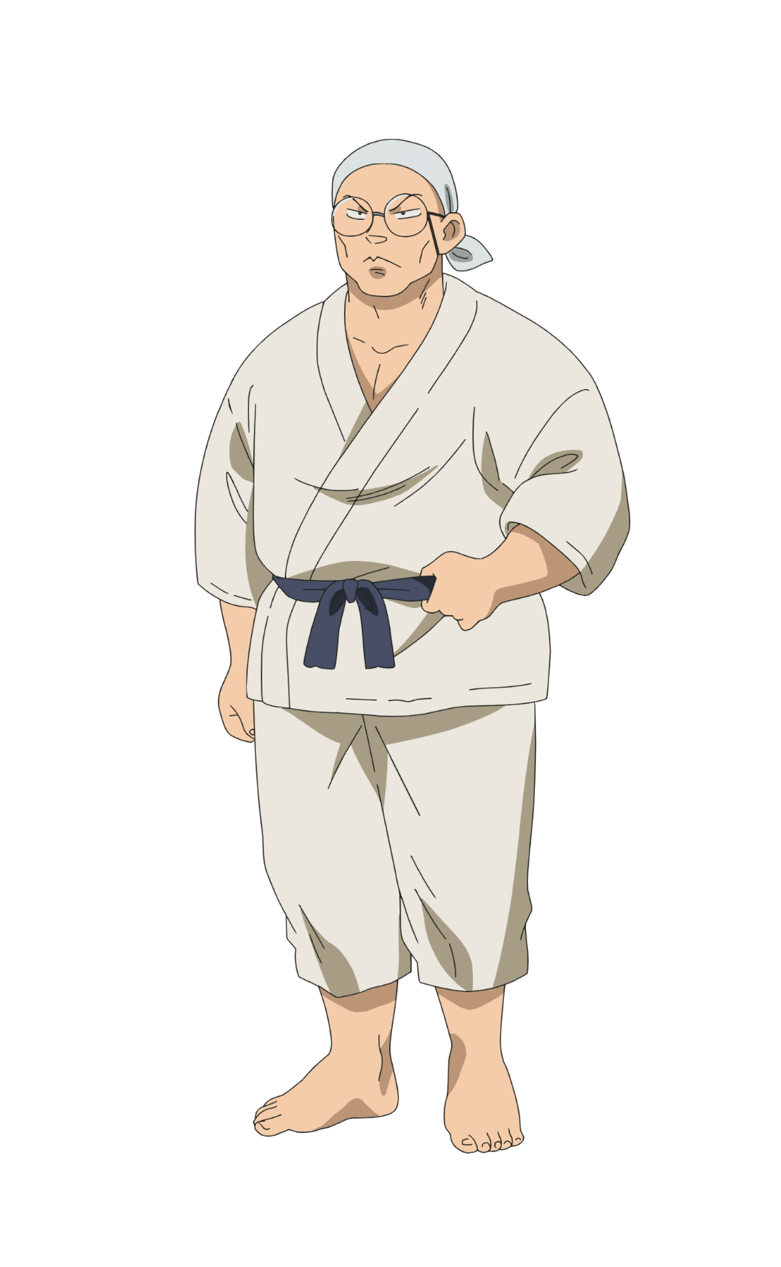 taniguchi hiromi, saotome genma, ranma 1/2, highres, official art, 1boy, anime coloring, bandana, barefoot, black eyes, blue sash, closed mouth, dougi, full body, glasses, karate gi, looking at viewer, male focus, martial arts belt, mature male, pants, round eyewear, sash, simple background, solo, standing, tachi-e, transparent background, v-shaped eyebrows, white bandana, white pants