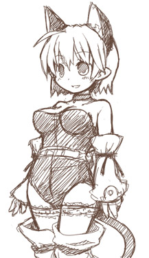 7010, lowres, 1girl, animal ears, brown theme, female focus, monochrome, pointy ears, short hair, sketch, smile, solo, tail, thighhighs