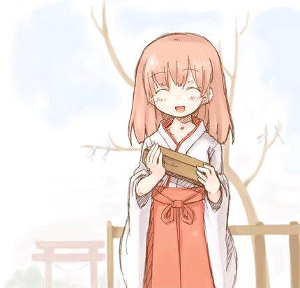 7010, lowres, closed eyes, japanese clothes, pink hair, smile, solo