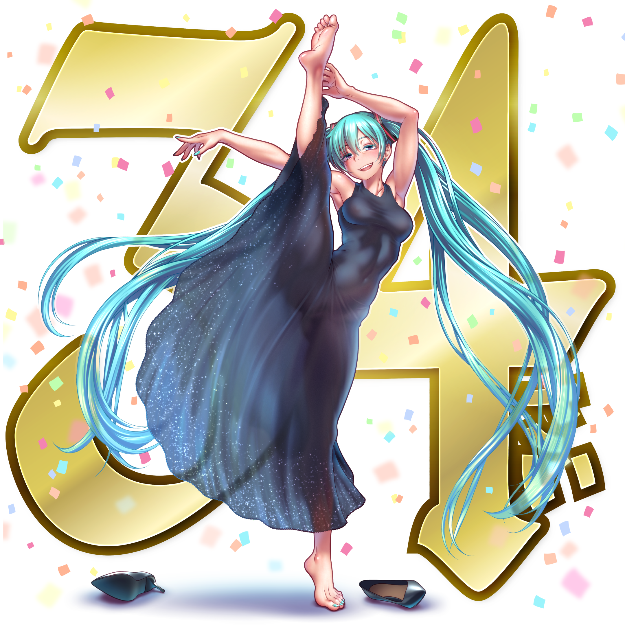 wokada, hatsune miku, vocaloid, commentary request, highres, 1girl, aqua eyes, aqua hair, aqua nails, armpits, arms up, bare arms, bare shoulders, barefoot, black dress, breasts, confetti, covered erect nipples, dress, fangs, fingernails, flexible, full body, half-closed eyes, leaning to the side, leg lift, leg up, long hair, looking at viewer, medium breasts, nail polish, no bra, no panties, open mouth, outstretched arm, see-through clothes, see-through dress, shoes, sleeveless, sleeveless dress, smile, soles, solo, split, standing, standing on one leg, standing split, tiptoes, toenail polish, toenails, toes, twintails, unworn shoes, very long hair