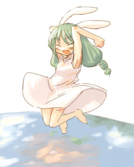 7010, lowres, animal ears, armpits, barefoot, closed eyes, dress, green hair, happy, jumping, rabbit ears, rabbit girl, rabbit pose, smile, solo
