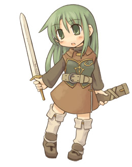 7010, lowres, green eyes, green hair, long hair, solo, sword, weapon